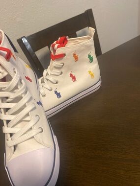 Ralph Lauren White High-Top Sneakers with Multicolor Polo Embroidery